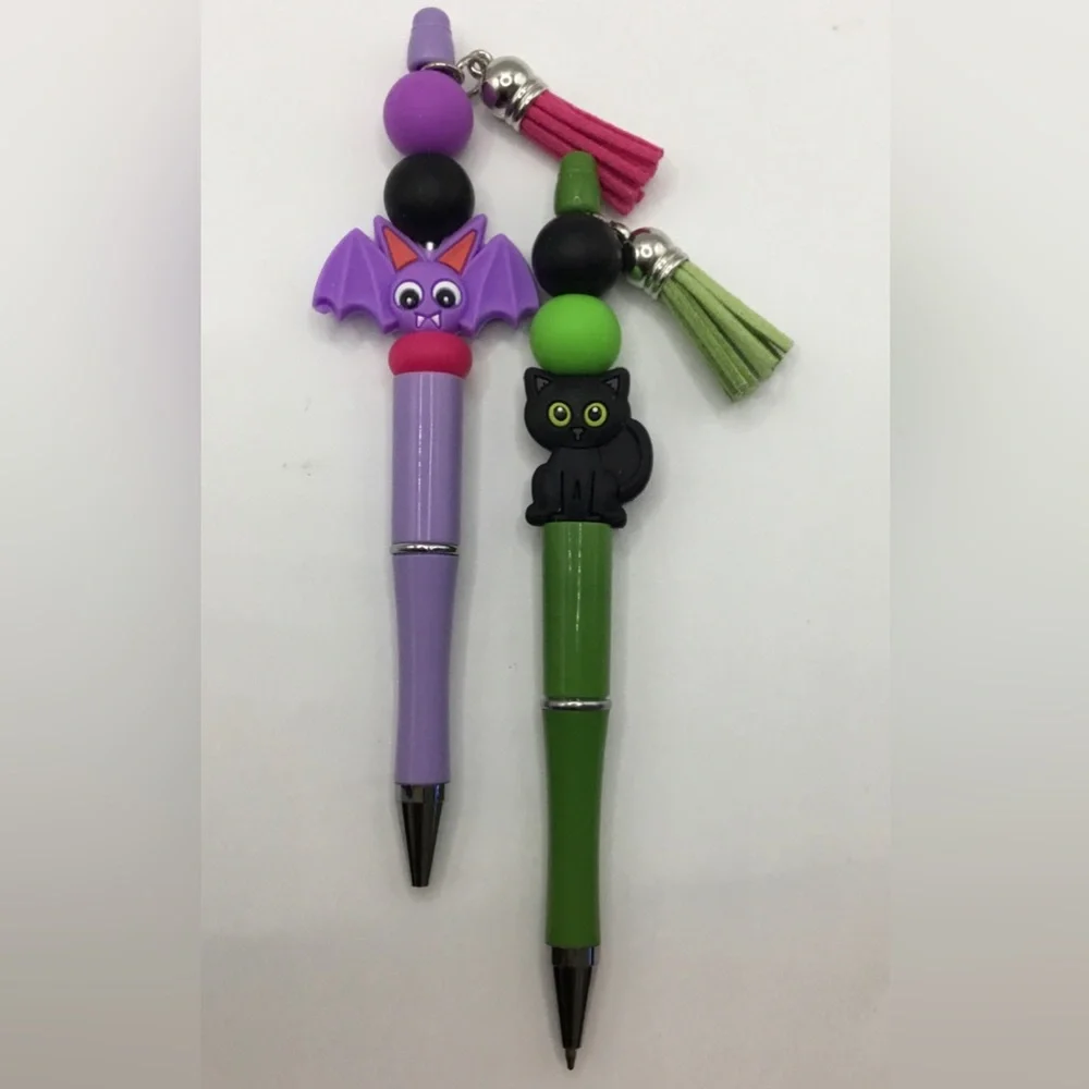 2 HANDMADE HALLOWEEN SPOOKY BLACK BEADED INK PENS SKULL CAT PURPLE BAT CUTE GOTH - Picture 2 of 2